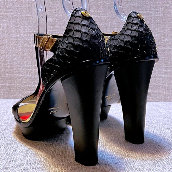 Vintage CHARLES JOURDAN PARIS Open Toe Leather T-Strap Platform High Heels Black - Picture 7 of 15